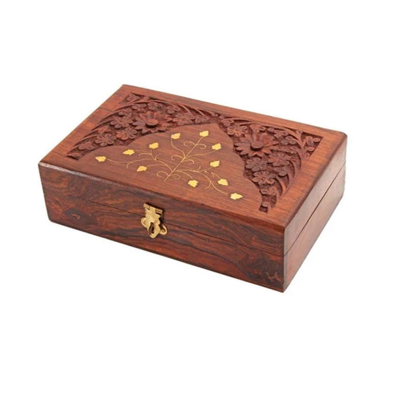 Wooden Carved Trinket Box with Brass inlay for Gifting and for Jewellery Storage