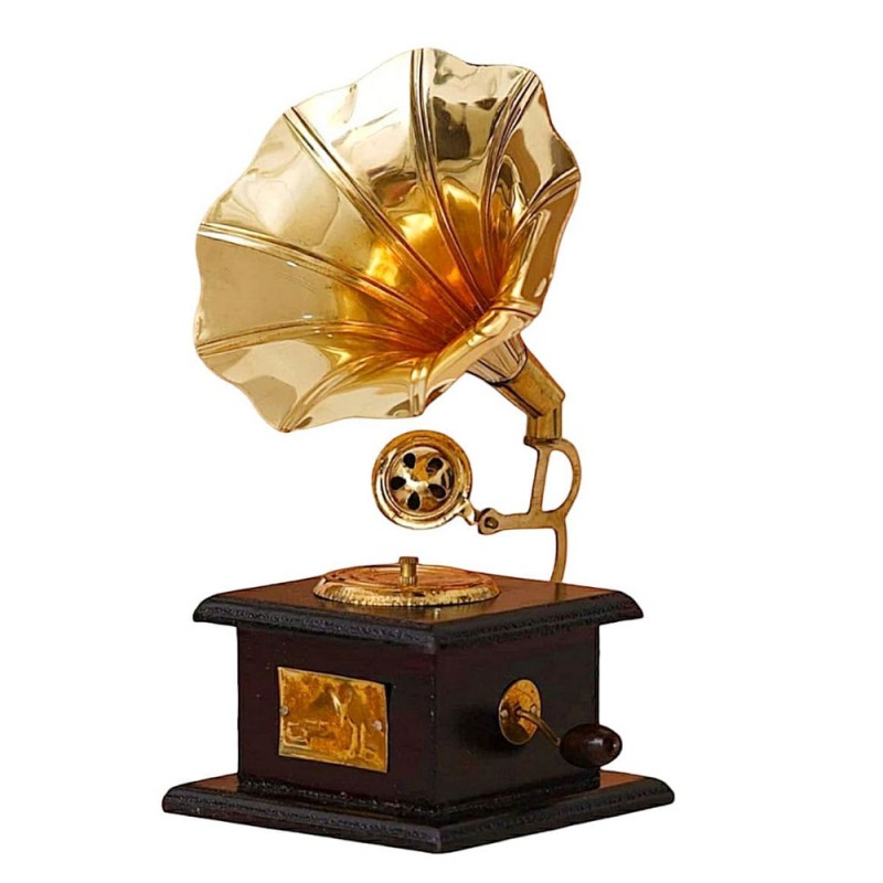 Vintage Brass Crafted Gramaphone miniature with Wooden Base for Home Decor & Gifting