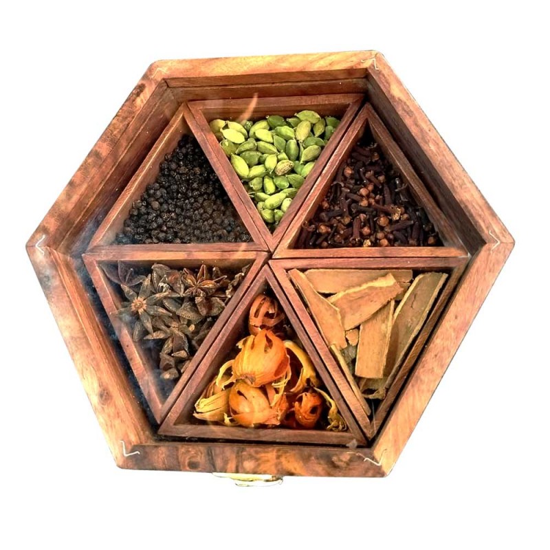 Spice Box Kerala Souvenir with 6 Original Spices Hexagon Shaped Crafted in Wood with Glass Top for Gifting