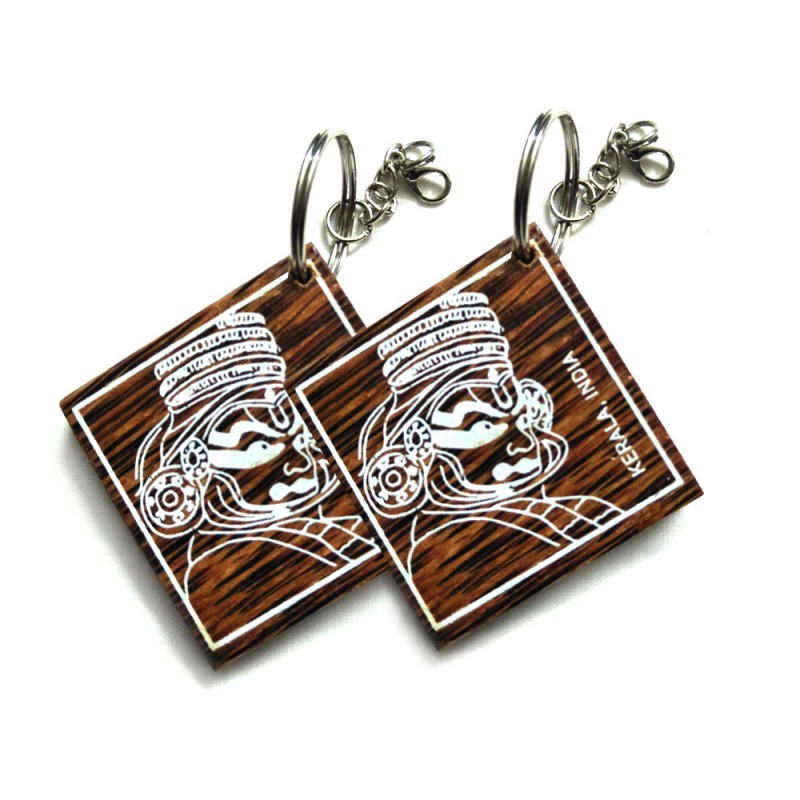 Coconut Wood Crafted Magnet Keychain with with Kathakali Head Print (Set of 2)