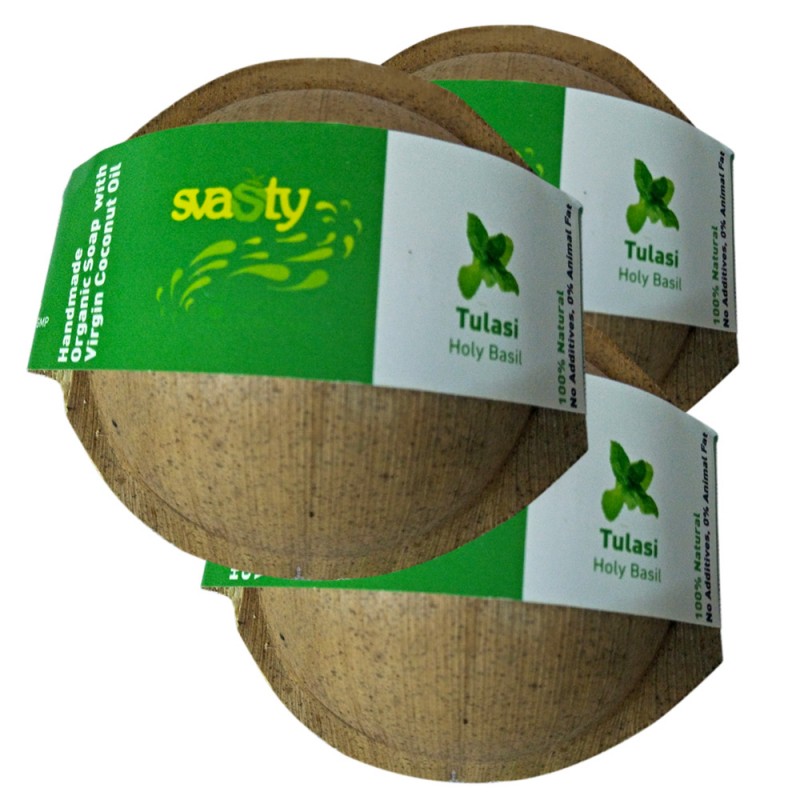 svasty Handmade and Natural Thulasi/Tulsi  Soap 100gms. in Eco Areca Leaf Packing (set of 3)