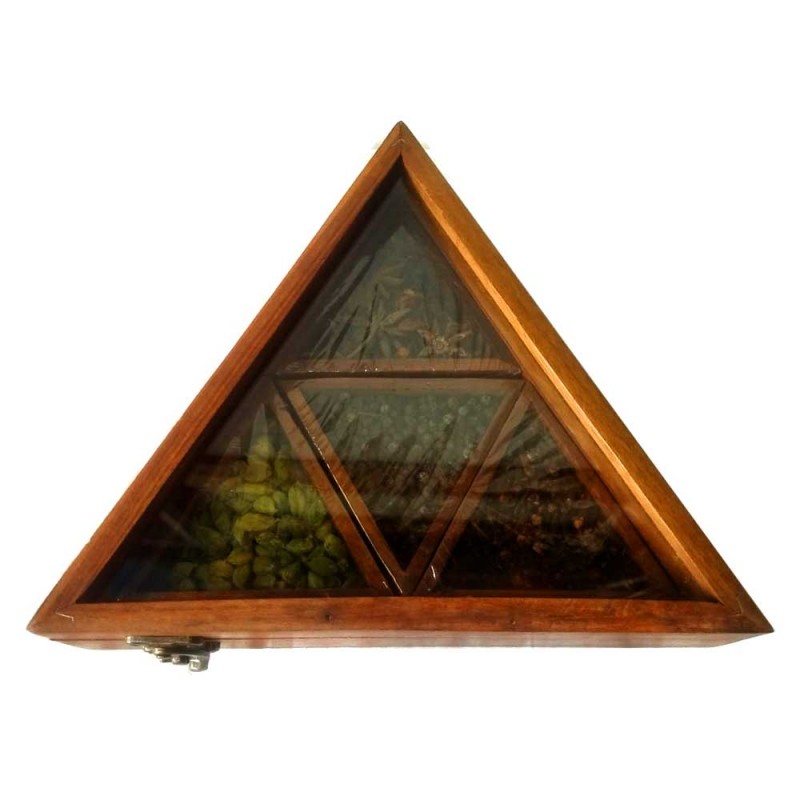 Spice Gift Box Triangular Shaped Crafted in Wood with Transparent Glass Lid with Natural Spices