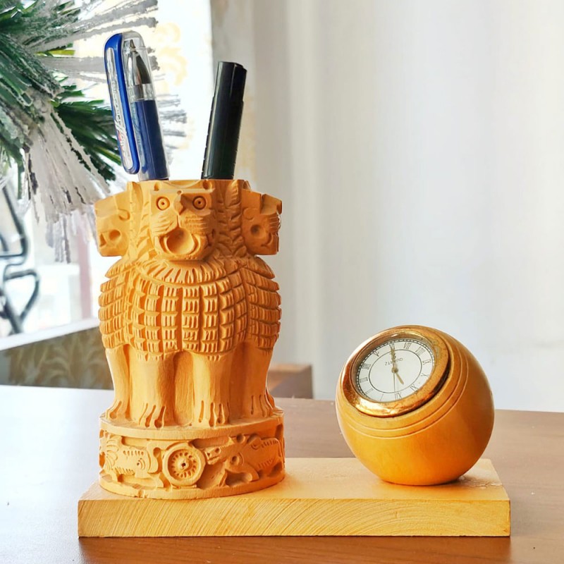 Ashoka Pillar Tabletop Pen Holder crafted in white wood with clock