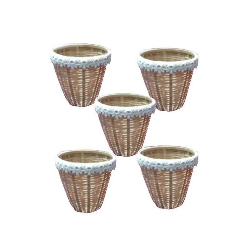 Bamboo Crafted Mini Baskets for Potpourri Decoration with Fabric Frills on Edge Set of 5 Pieces