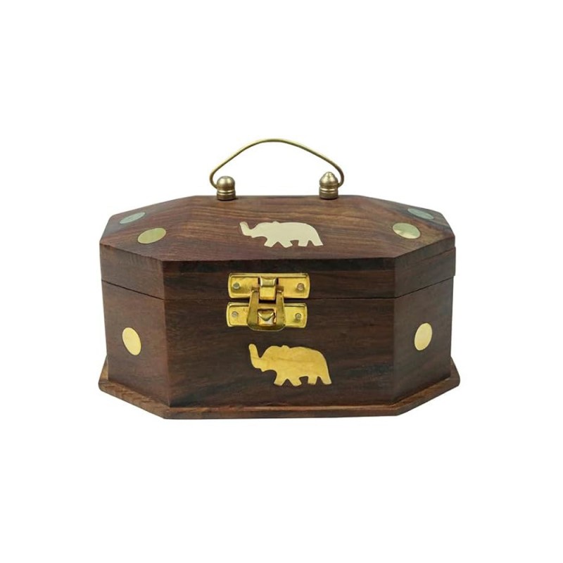 Wooden Mini Jewellery Box with Elephant Brass Inlay