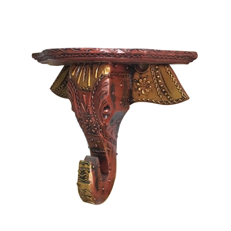 Handcrafted Wooden Wall Stand in Elephant Head Design with Decorative Painting