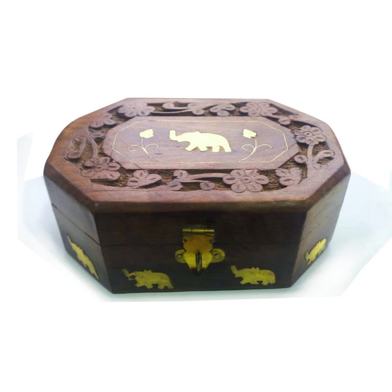 Wooden Floral Design Carved Jewellery Box in Octagonal shape with 2 Elephants Brass inlay design 7 inch for gifting and decor