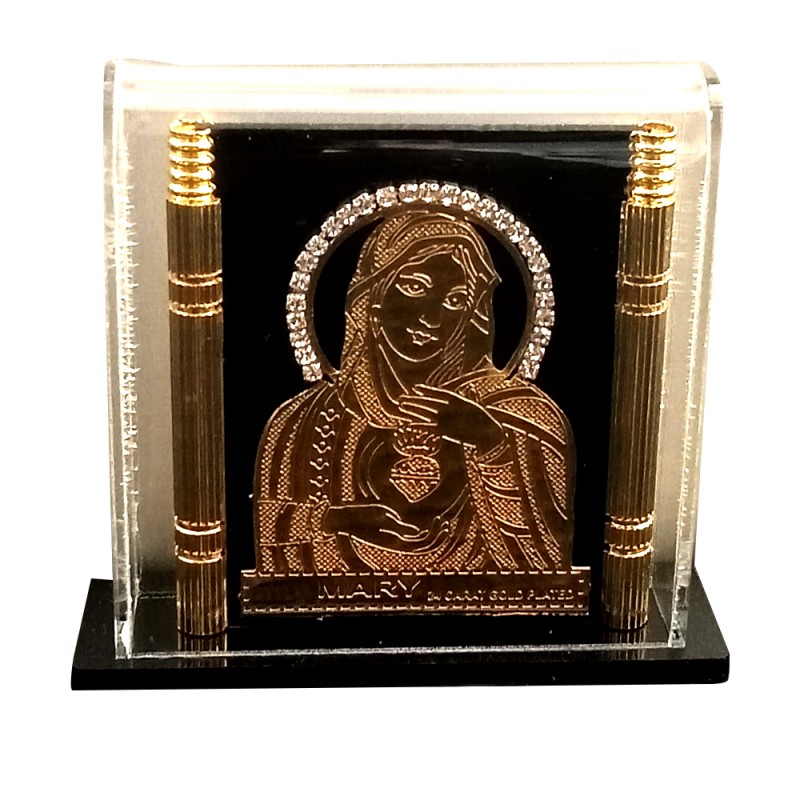 Gold Foiled Relief work of Mary in Acrylic Box as a Car Dashboard decor or showpiece on desk/tabletop