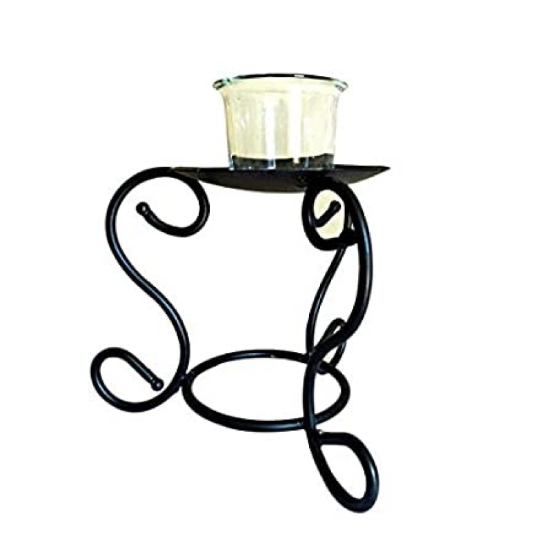 Decorative Wrought Iron Candle Stand with Glass Holder Tabletop for Home Decor (Black)