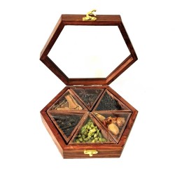 Spice Box Kerala Souvenir with 6 Original Spices Hexagon Shaped Crafted in Wood with Glass Top for Gifting