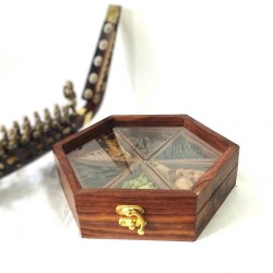 Spice Box Kerala Souvenir with 6 Original Spices Hexagon Shaped Crafted in Wood with Glass Top for Gifting