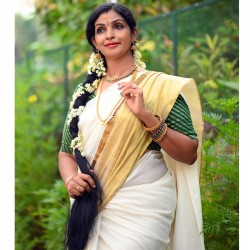 Kasavu Set Saree Tissue Weave with Golden Tissue Hand work