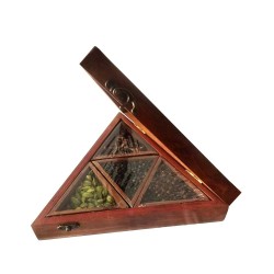 Spice Gift Box Triangular Shaped Crafted in Wood with Transparent Glass Lid with Natural Spices