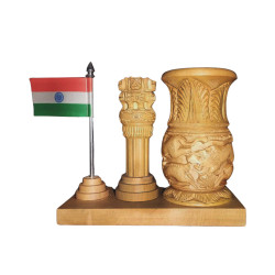 India Ashoka Pillar Tabletop Pen Holder Souvenir crafted in White Wood