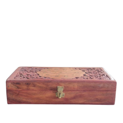 Wooden Carved Jewellery Trinket Box with Brass Inlay Design