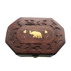 Wooden Floral Design Carved Jewellery Box in Octagonal shape with Elephant Brass inlay design 6 inch for gifting and decor