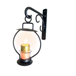 Decorative Wall Mount Lantern Design Wrought Iron Candle Stand with Glass Holder for Home Decor (Black)