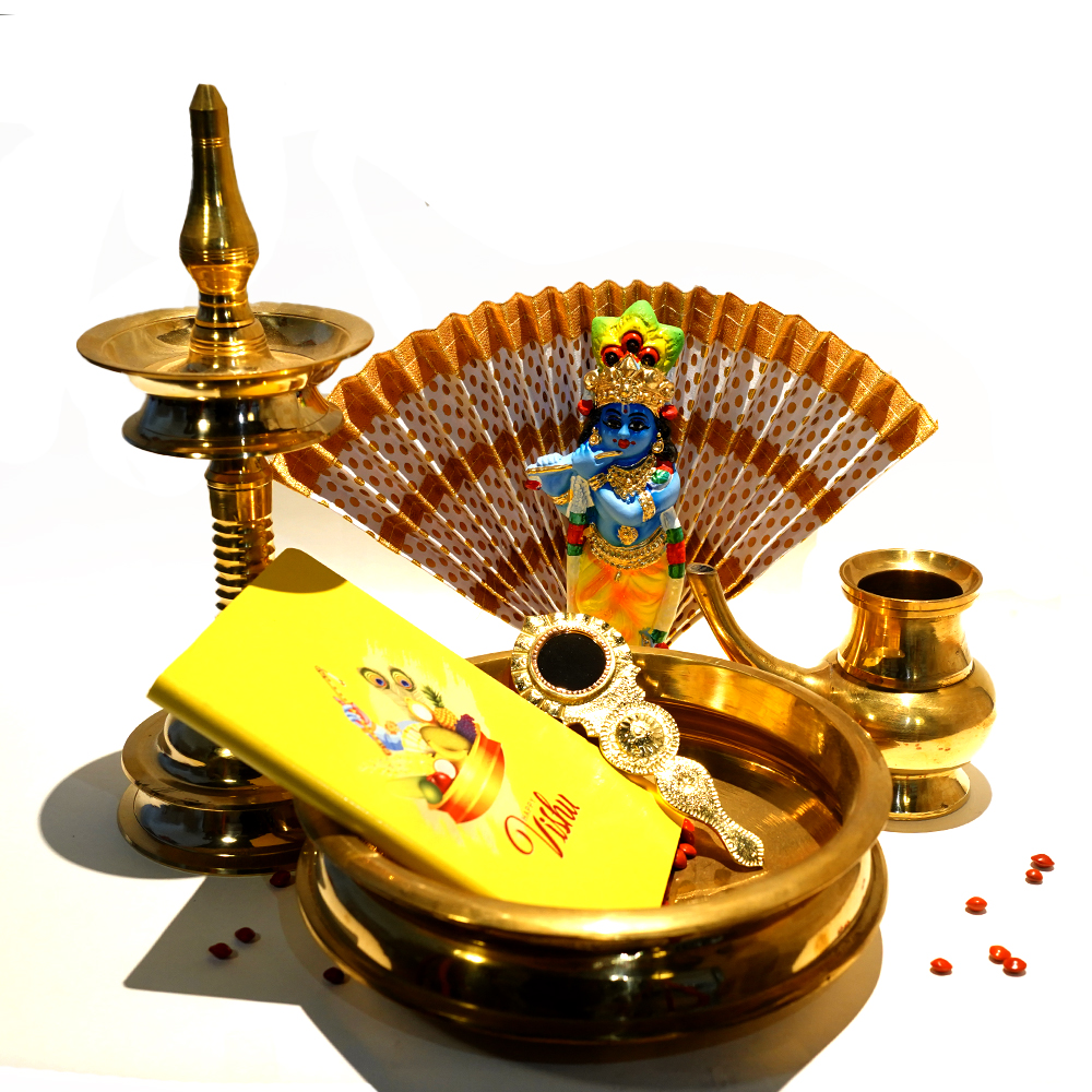 Vishu Kani Set with of Paper Mache Krishna Idol(30cm), Thiru Udayada, Uruli, Aranmula Kannadi, Nilav...