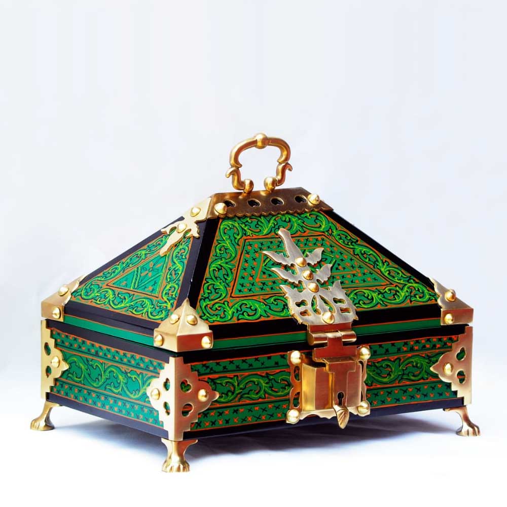 Kauthuk Mahagony Wood Crafted Mural Painted Nettur Petti Traditional Jewellery Box (Green, 13 x 9 In...