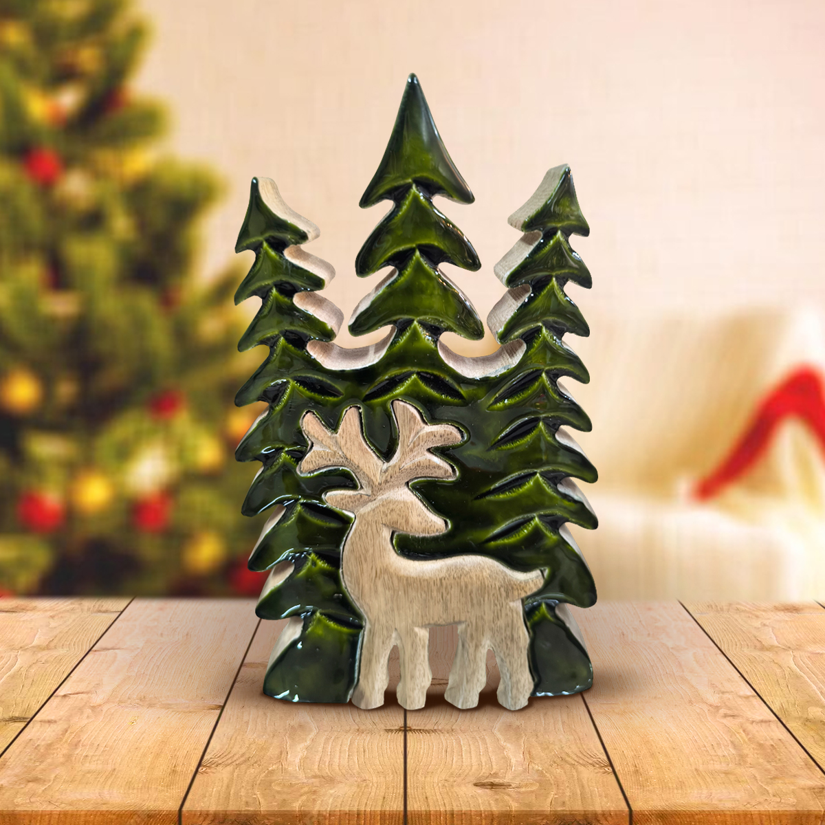 Wooden Christmas Tree with Deer – Festive Table Décor