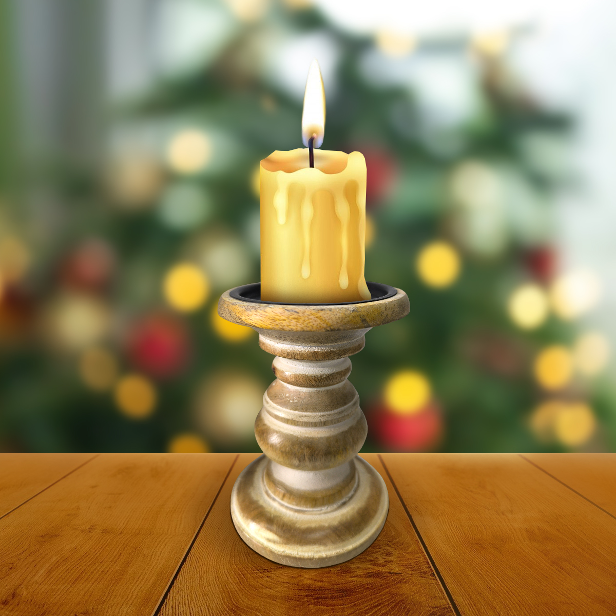 Wooden Pillar Candle Stand – Medium Polish Finish