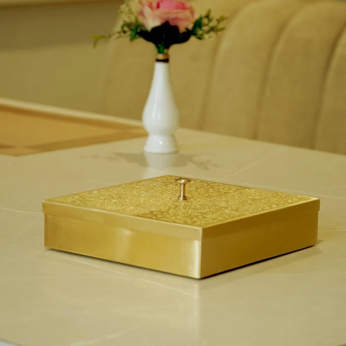 Handcrafted Square Brass Embossed Decorative Storage Box with Lid