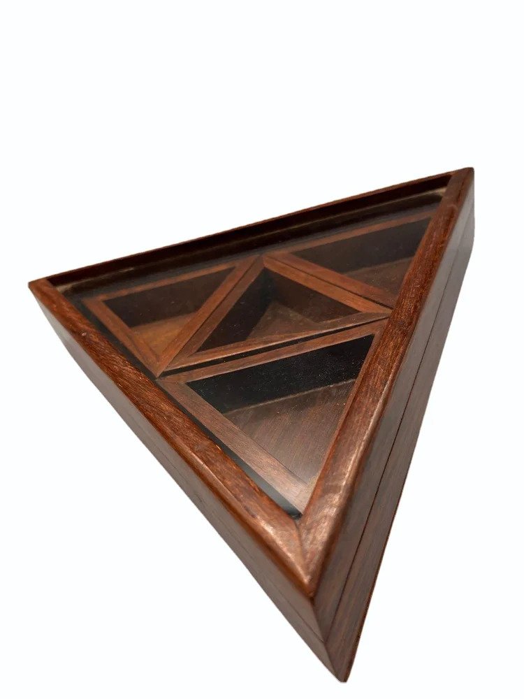 Handcrafted Wooden Triangular Spice Box with Glass Lid & Multi-Compartments