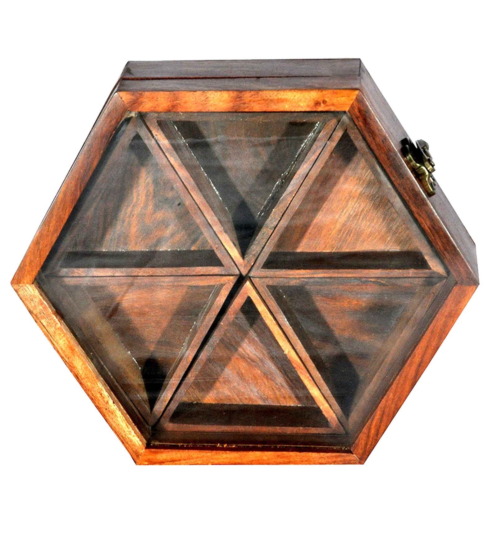 Handcrafted Wooden Hexagonal Spice Box with Glass Lid & Multiple Compartments