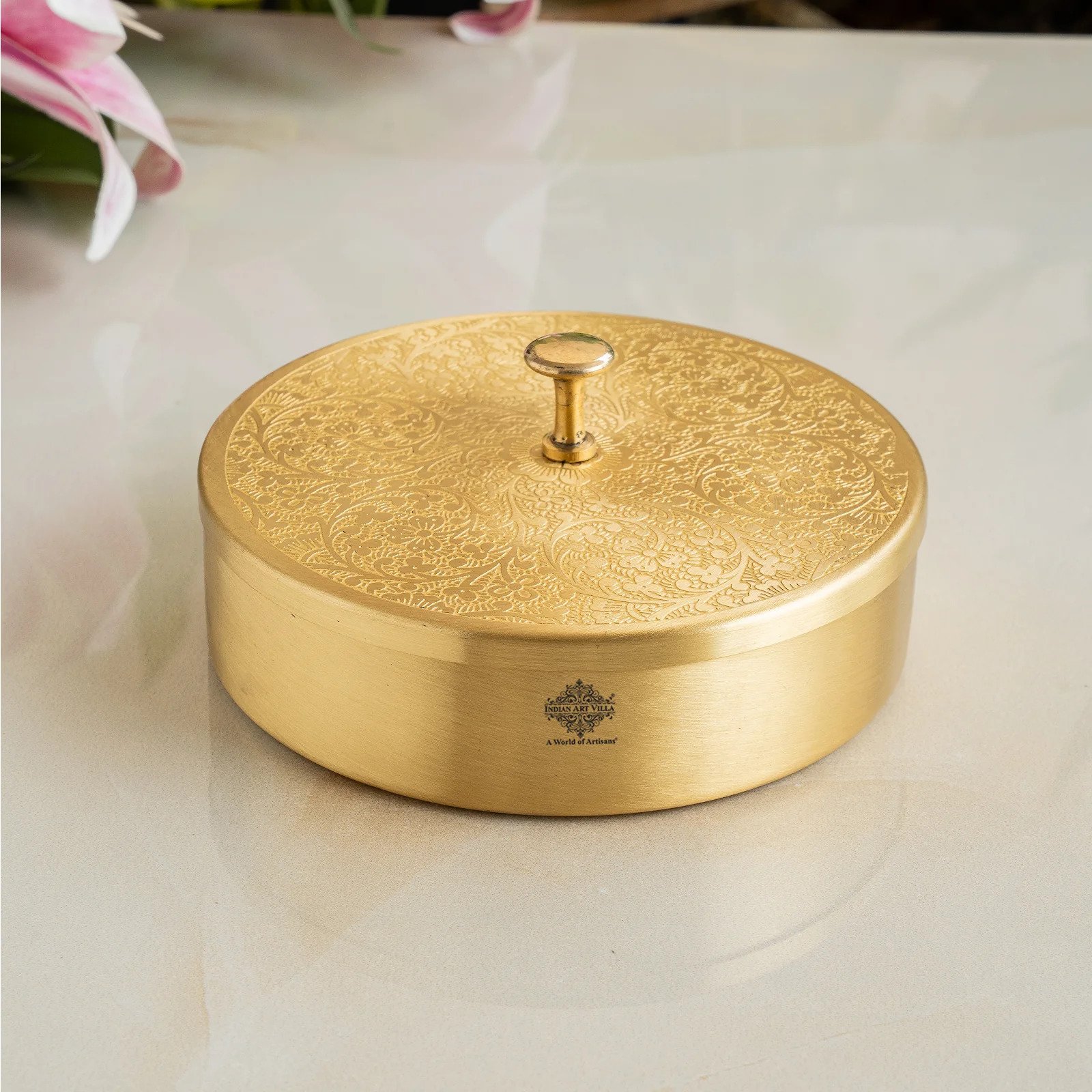 Decorative Brass Embossed Masala/ Dryfruit/ Spice Container Round for Decor and Gifting