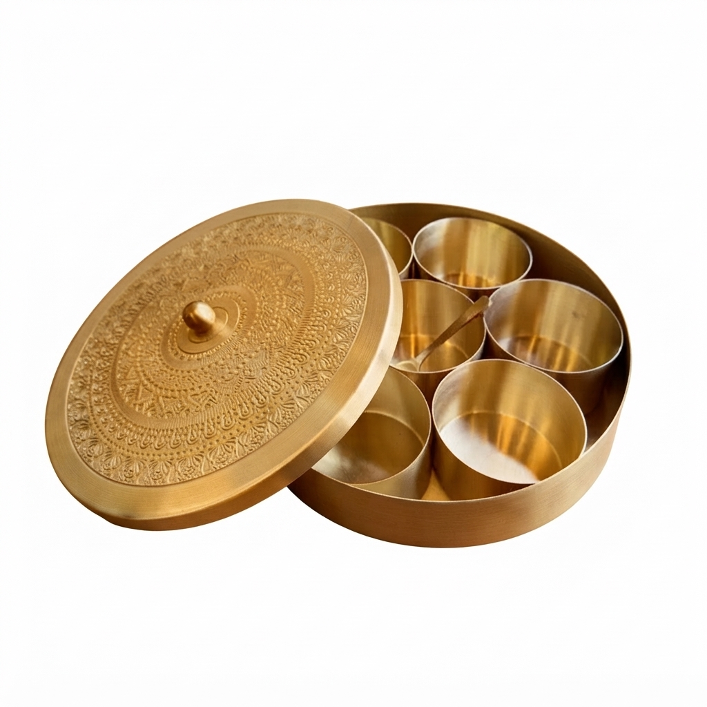 Decorative Brass Embossed Masala/ Dryfruit/ Spice Container Round for Decor and Gifting