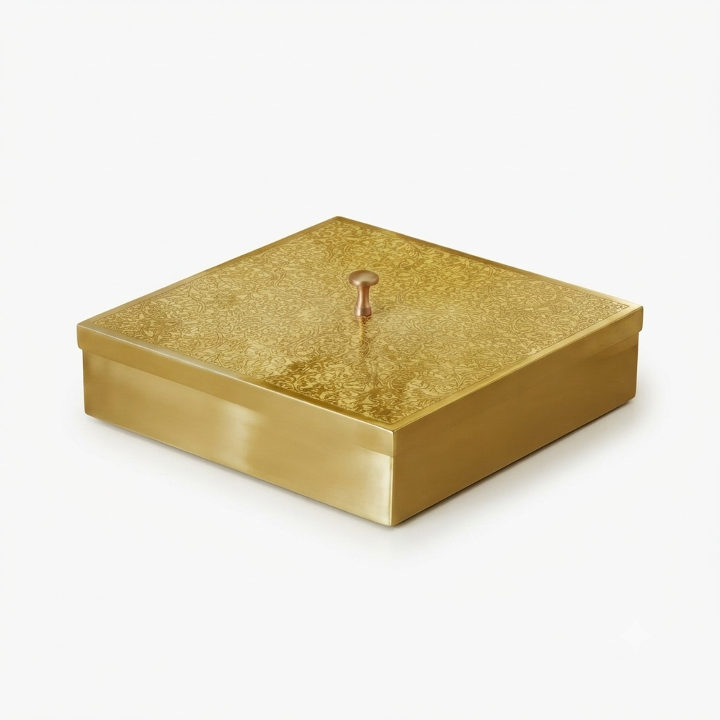 Handcrafted Square Brass Embossed Decorative Storage Box with Lid