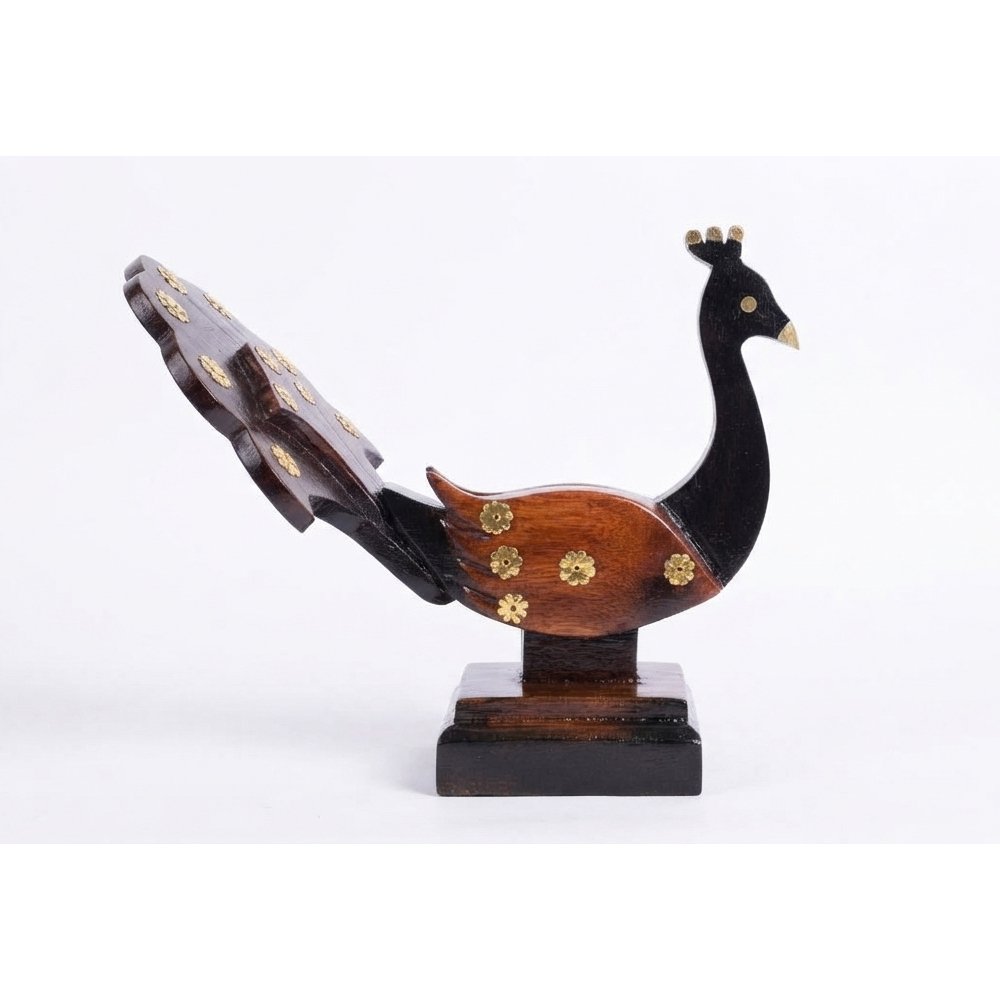 Handcrafted Wooden Peacock Showpiece with Mobile Holder thumbnail 2
