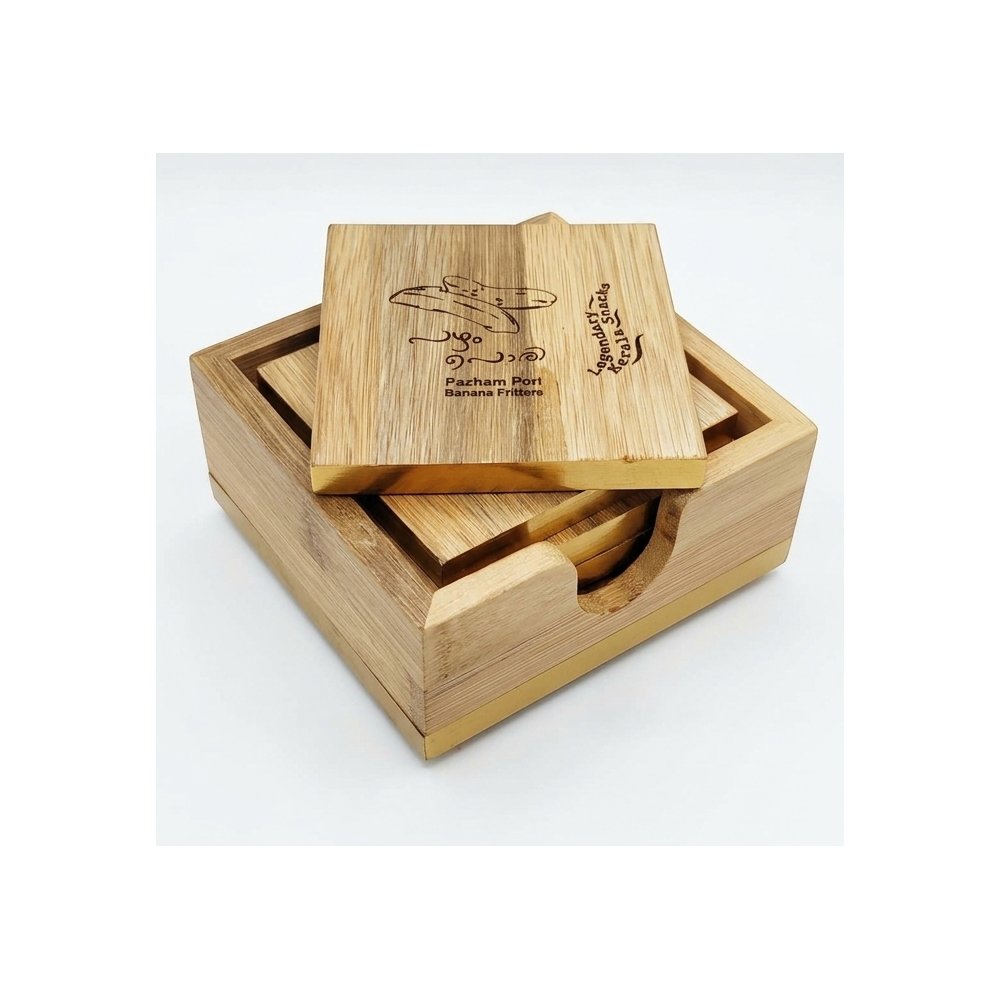 Handcrafted Bamboo Coaster Set with Holder – Authentic Kerala Snack Theme thumbnail 2