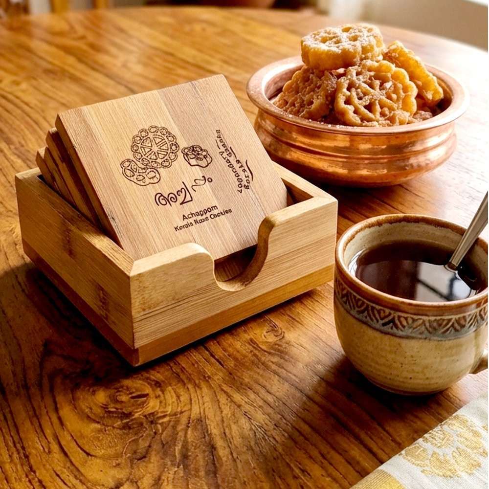 Handcrafted Bamboo Coaster Set with Holder – Authentic Kerala Snack Theme thumbnail 3