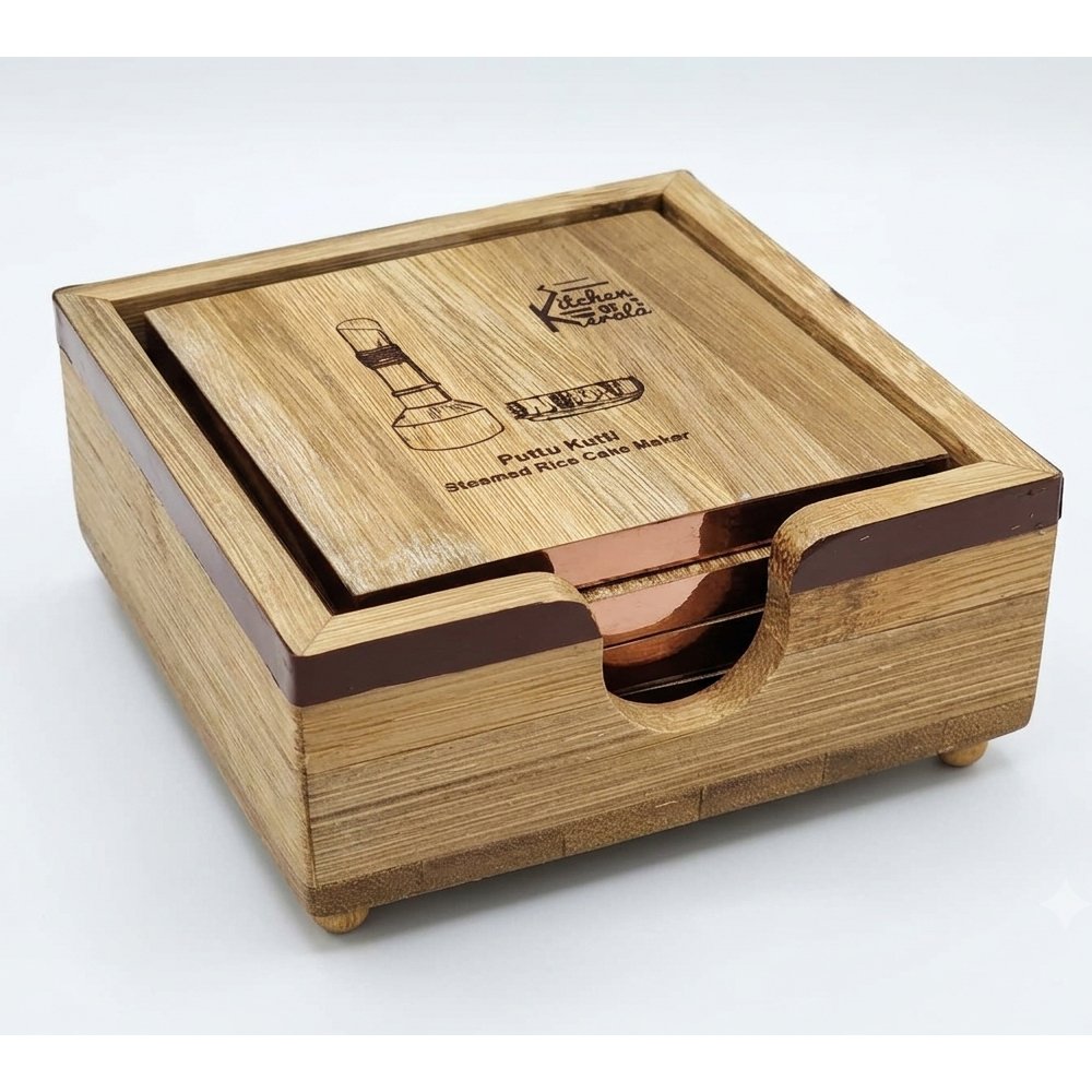 Handcrafted Bamboo Coaster Set with theme of Traditional Kerala Kitchen items