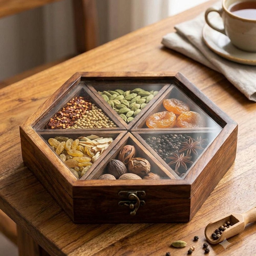 Handcrafted Wooden Hexagonal Spice Box with Glass Lid & Multiple Compartments