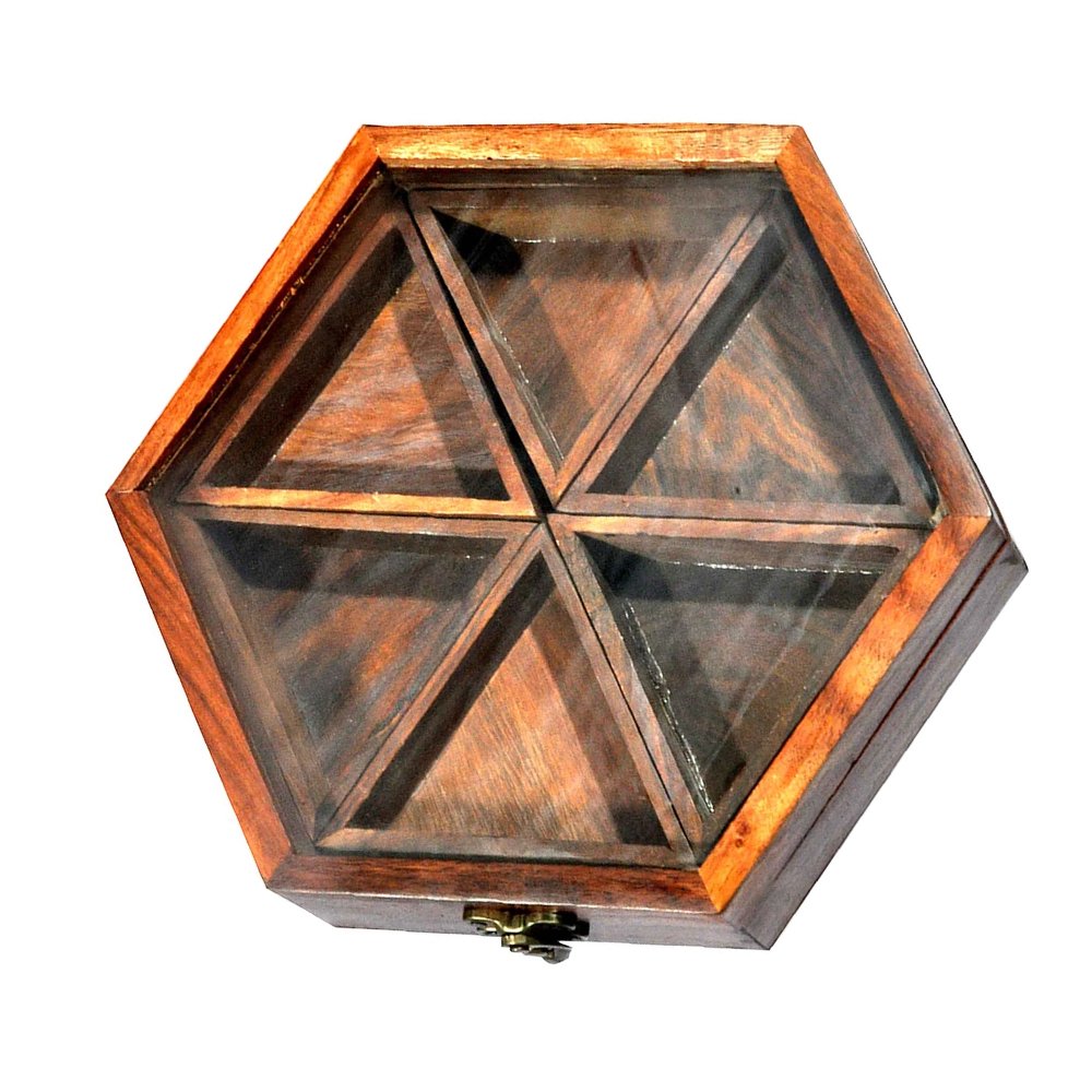 Handcrafted Wooden Hexagonal Spice Box with Glass Lid & Multiple Compartments thumbnail 4