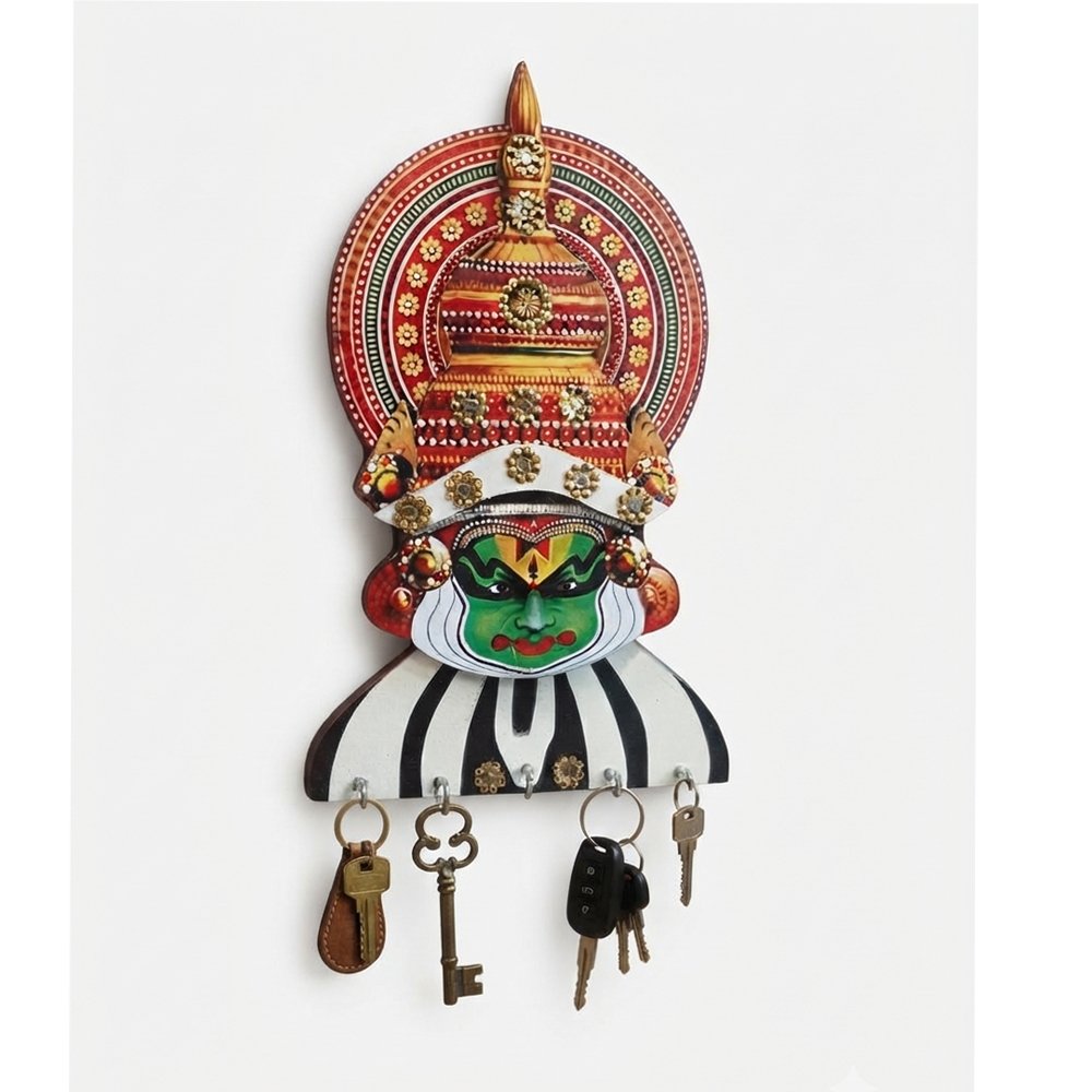 Handcrafted Kathakali Wooden Key Holder – Traditional Kerala Wall Decor thumbnail 2