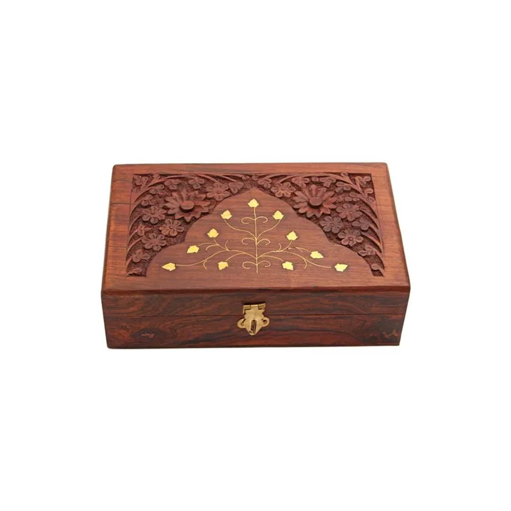 Wooden Carved Trinket Box with Brass Inlay thumbnail 2