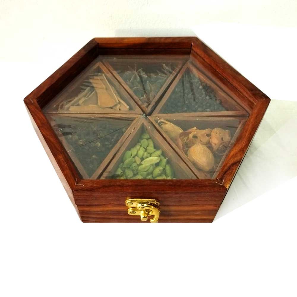 Spice Box Kerala Souvenir with 6 Original Spices Hexagon Shaped Crafted in Wood with Glass Top for Gifting thumbnail 4