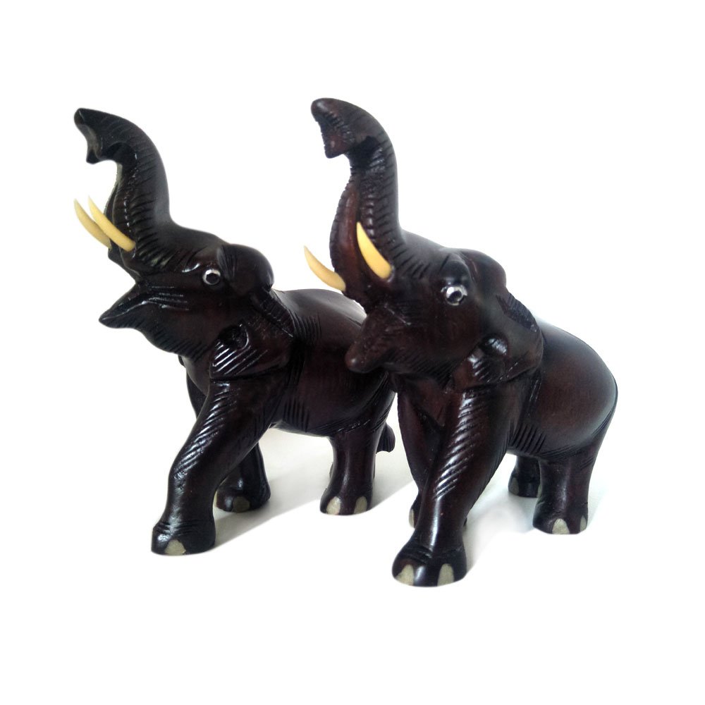 Rosewood crafted figurine of Elephant with trunk up salute posture (Set of 2)