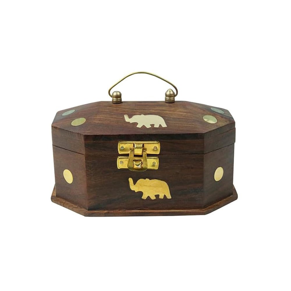 Wooden Mini Jewellery Box with Elephant Brass Inlay