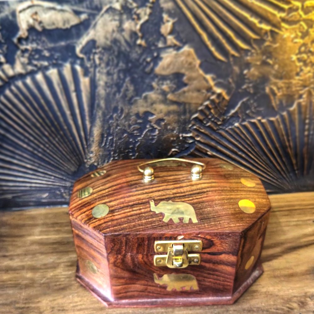 Wooden Mini Jewellery Box with Elephant Brass Inlay thumbnail 2