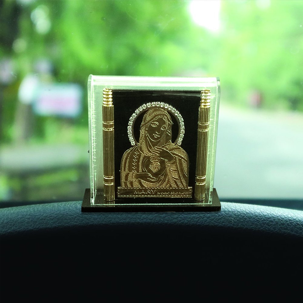 Gold Foiled Relief work of Mary in Acrylic Box as a Car Dashboard decor or showpiece on desk/tabletop thumbnail 2