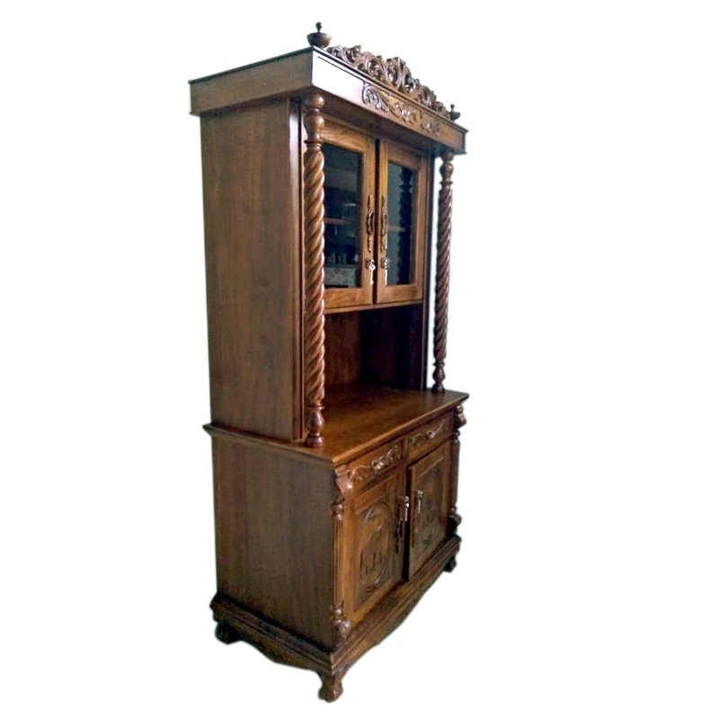 Classical Teak Wood Crafted Crockery Cupboard with Intricate Carving Design thumbnail 2