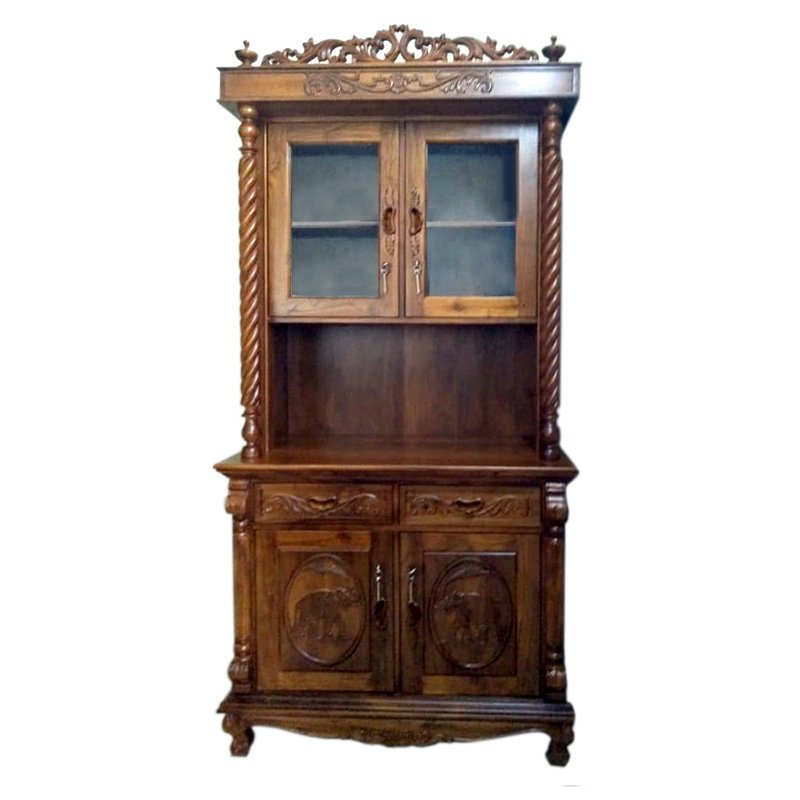 Classical Teak Wood Crafted Crockery Cupboard with Intricate Carving Design